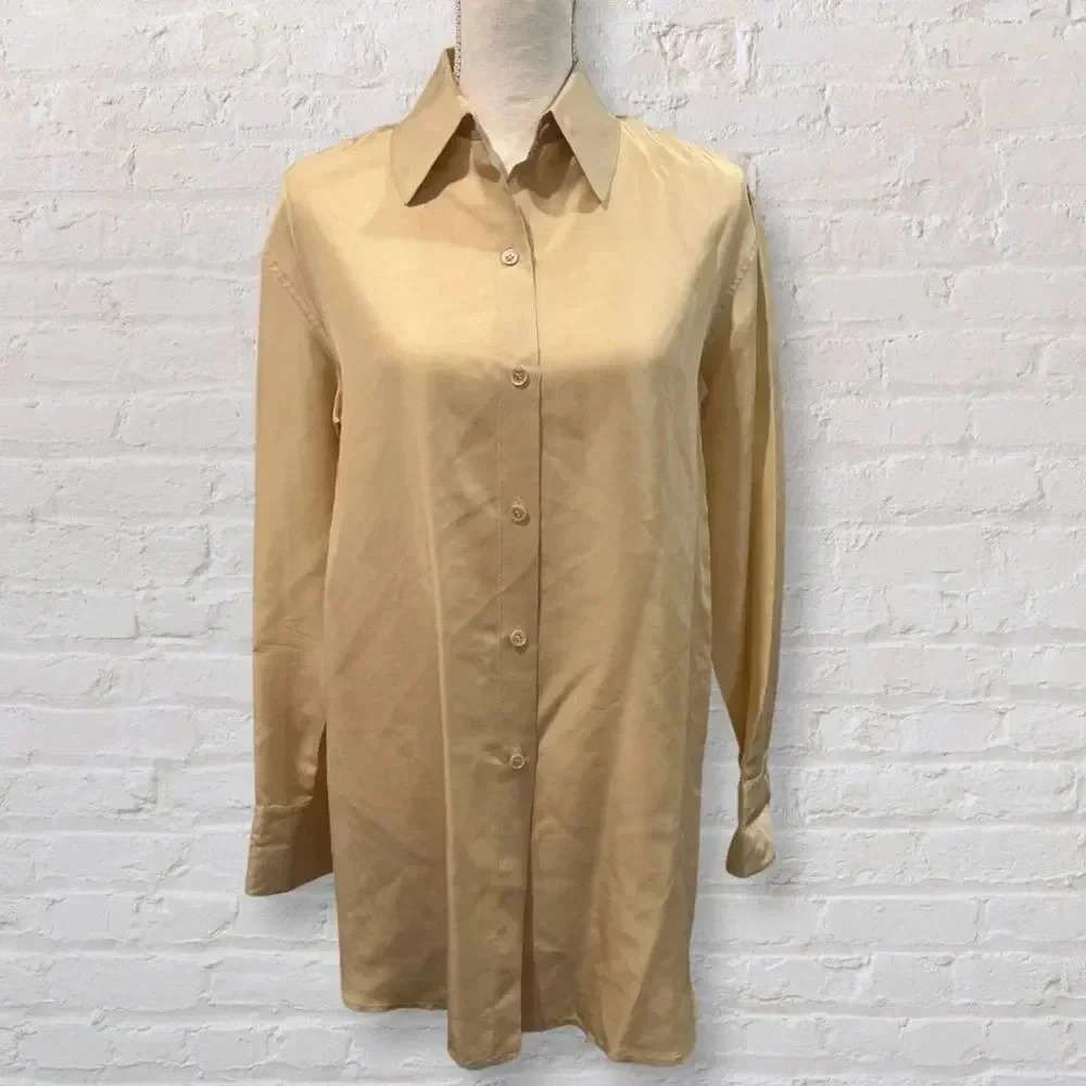 ANN KLEIN 100% Silk Tan button down Blouse Sz 2 